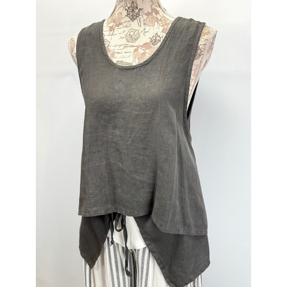 Bryn Walker Lagenlook Gray Linen Layered Asymmetrical Tie Back Tank Sleeveless L